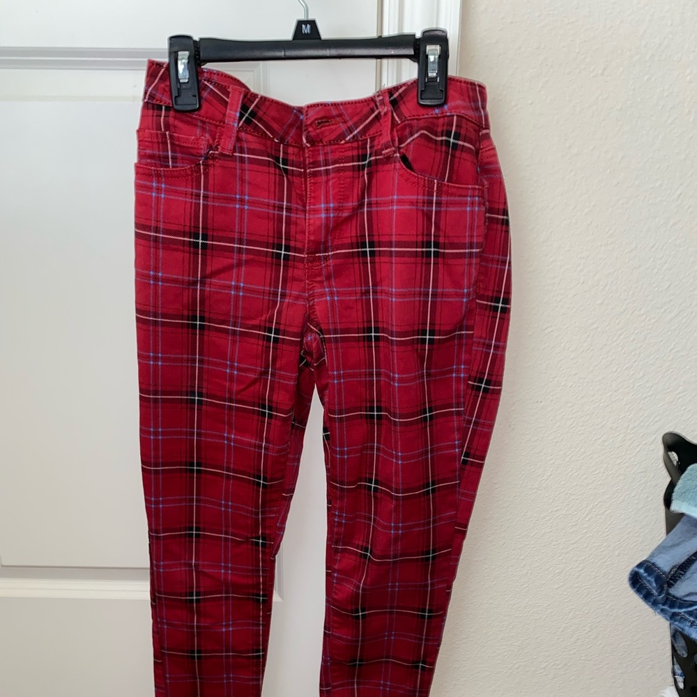 red plaid high rise pants